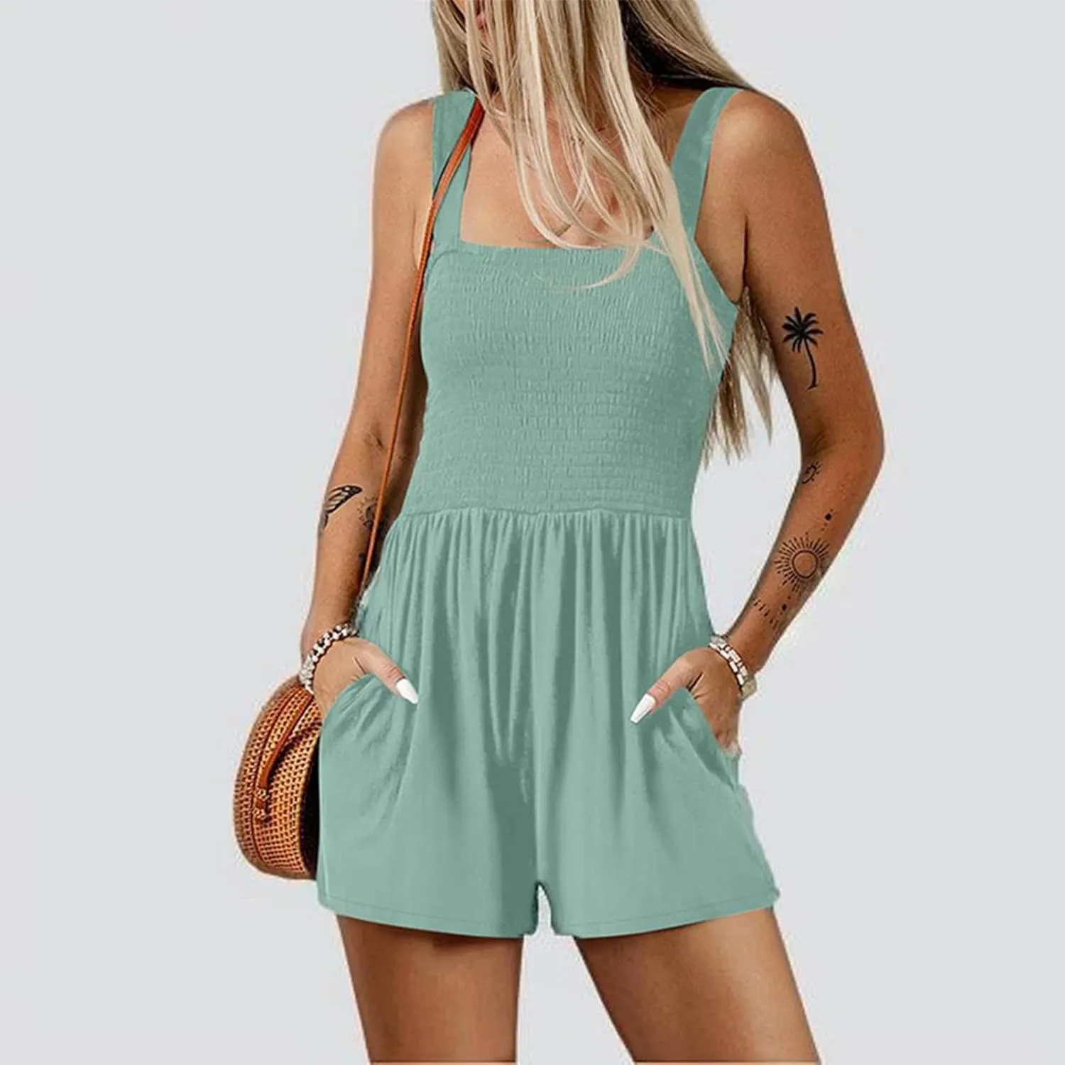 hlysgo Shorts Jumpsuit for Women Summer Casual Smocked Rompers Square Neck Sleeveless Jumpsuits 2025 Beach Vacation Outfits