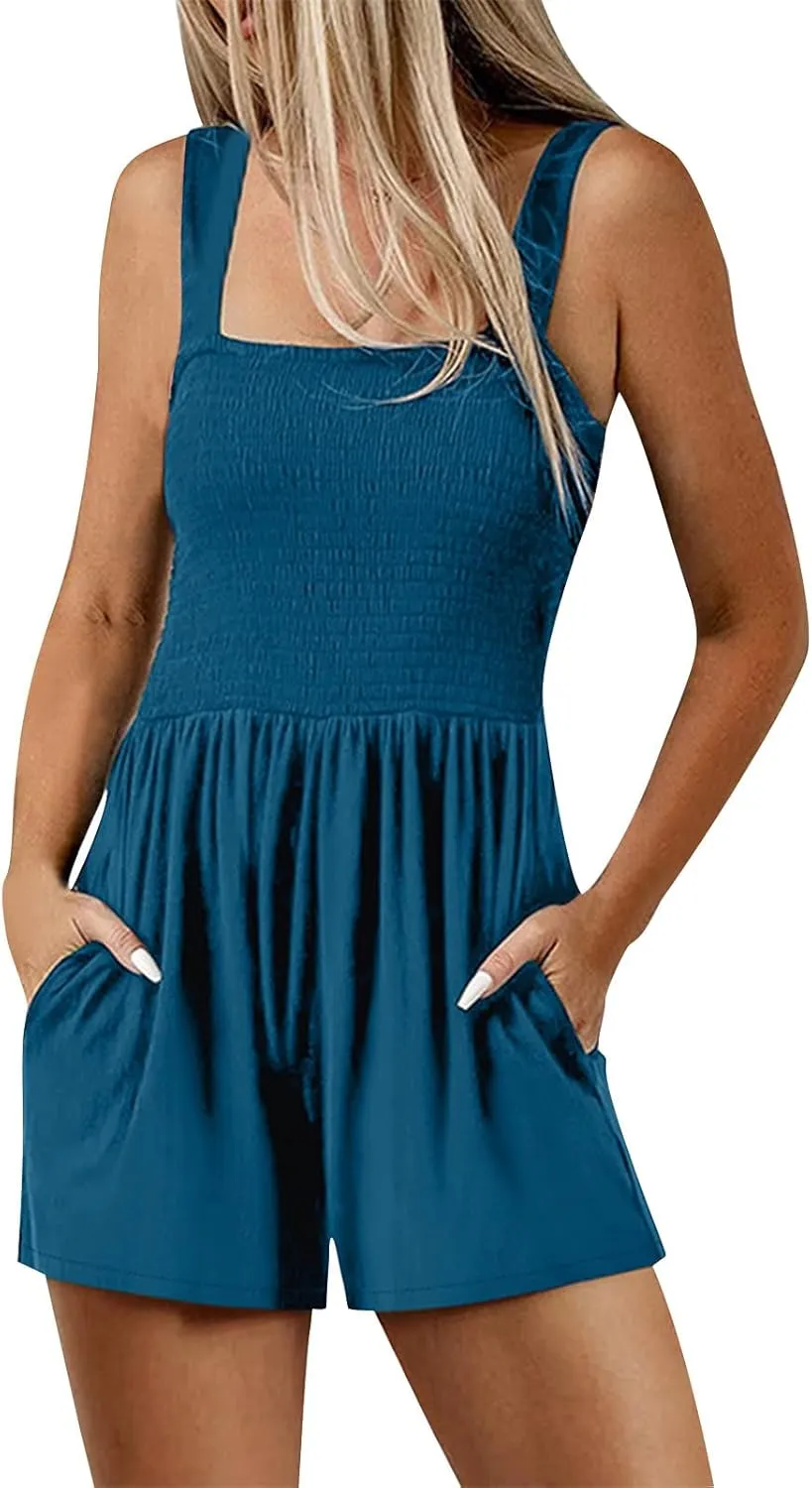 hlysgo Shorts Jumpsuit for Women Summer Casual Smocked Rompers Square Neck Sleeveless Jumpsuits 2025 Beach Vacation Outfits