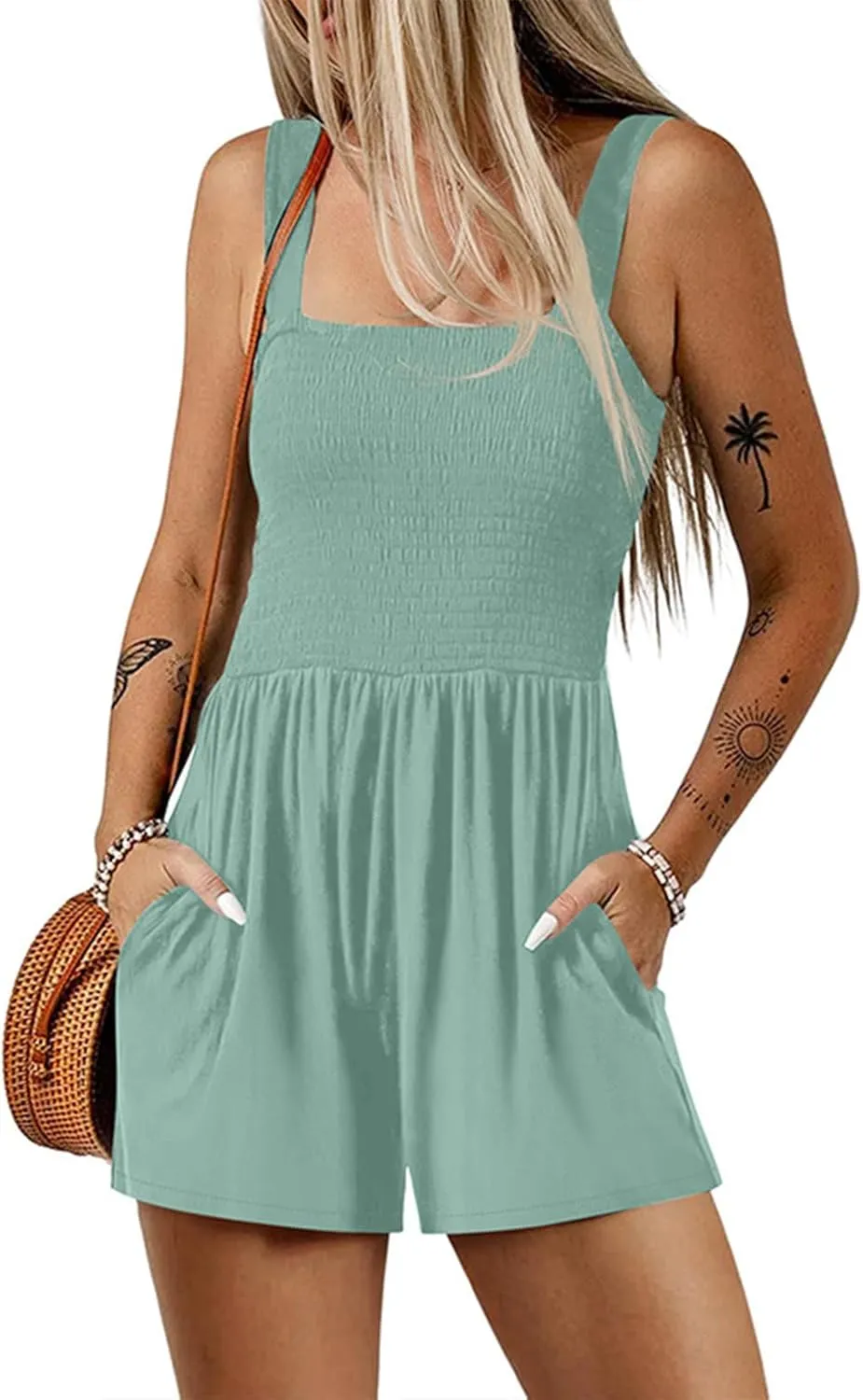 hlysgo Shorts Jumpsuit for Women Summer Casual Smocked Rompers Square Neck Sleeveless Jumpsuits 2025 Beach Vacation Outfits