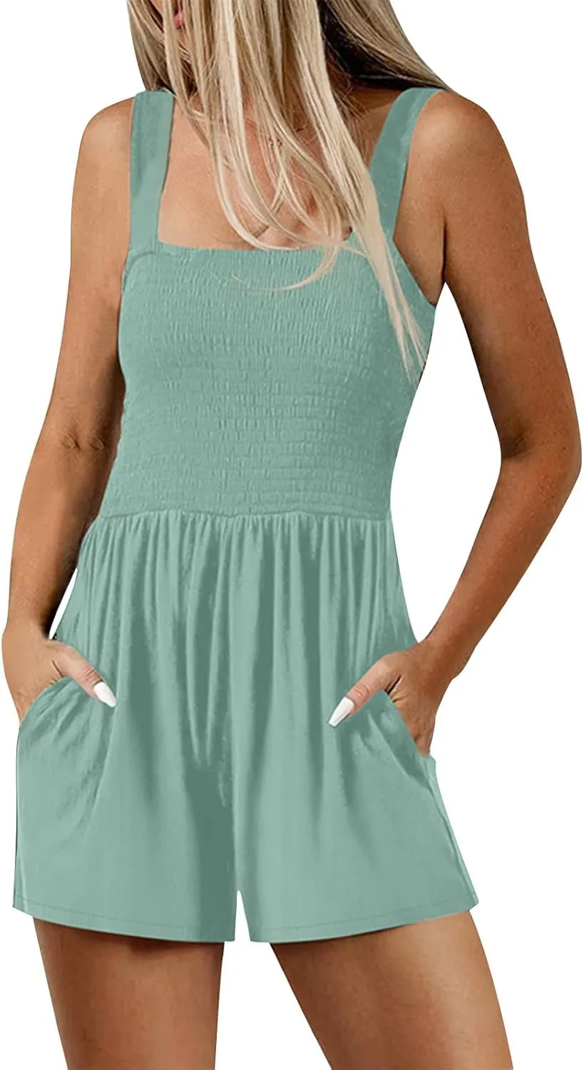 hlysgo Shorts Jumpsuit for Women Summer Casual Smocked Rompers Square Neck Sleeveless Jumpsuits 2025 Beach Vacation Outfits