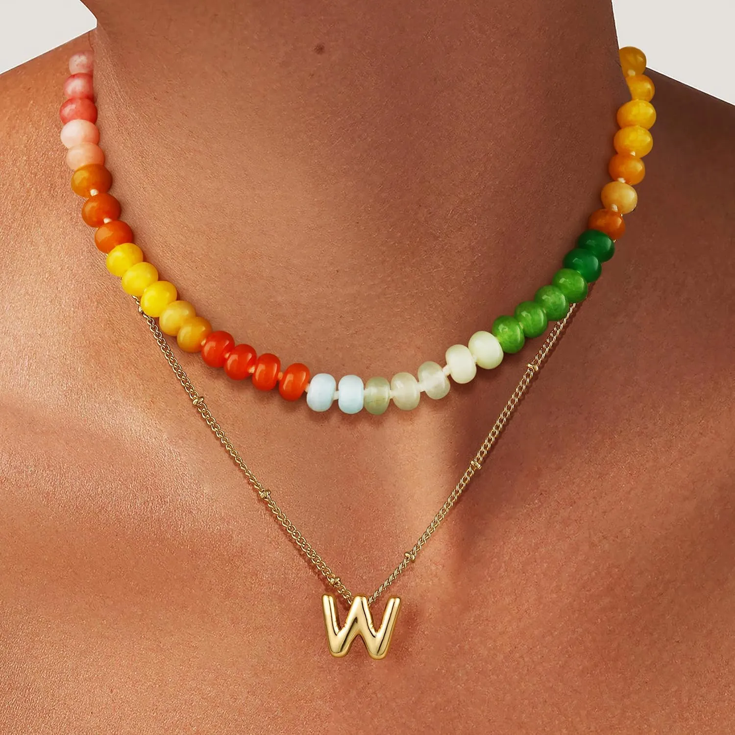 Honsny Beaded Necklaces for Women Set Bubble Letter Necklace Gold Layered Dainty Colorful Gemstone Choker Necklace 14K Gold Plated Initial Necklaces for Women Natural Stone Handmade Jewelry Gifts