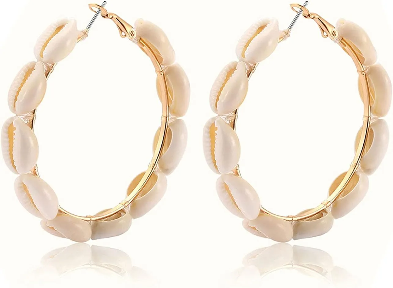 Hoop Earrings For Women Natural Cowrie Shell Beads Hoop Earrings Statement Stud Drop Earrings Bohemia Hawaii Wakiki Beach Jewelry