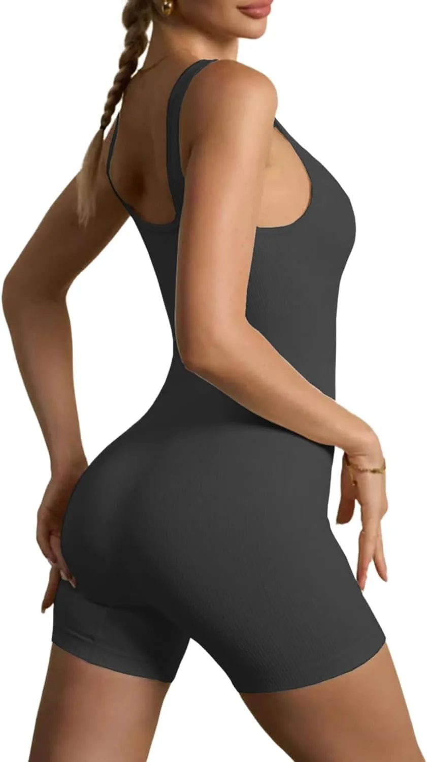 HOPYOP Women's Yoga Rompers Ribeed Workout Square Neck Tank Tops Sleeveless Exercise Rompe