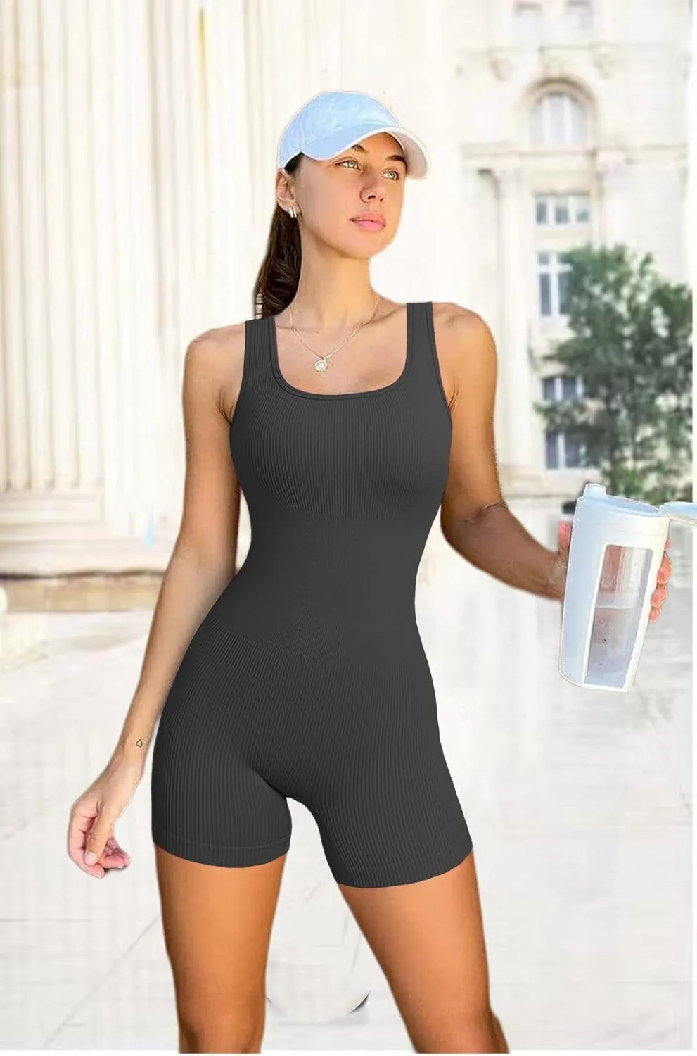 HOPYOP Women's Yoga Rompers Ribeed Workout Square Neck Tank Tops Sleeveless Exercise Rompe