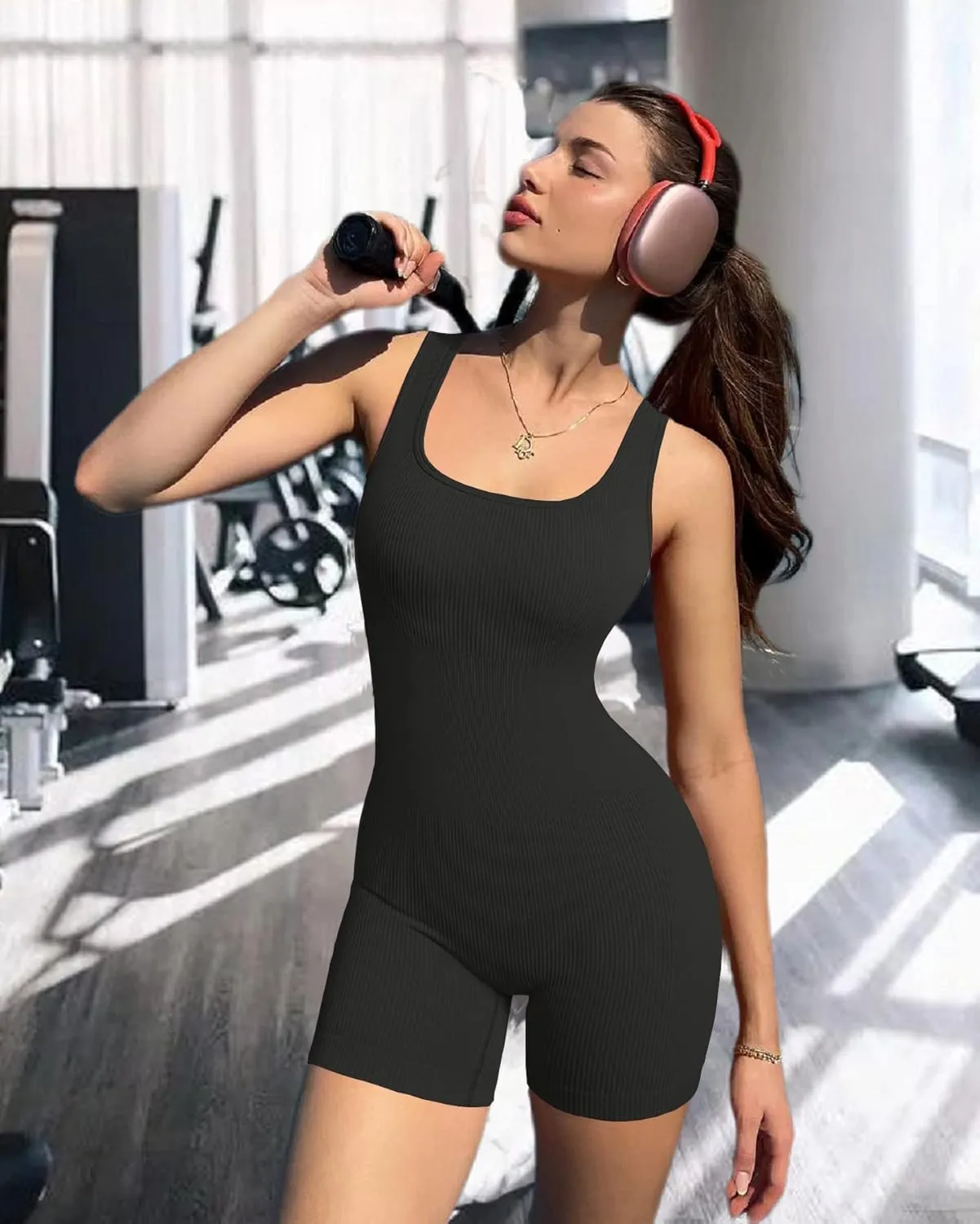 HOPYOP Women's Yoga Rompers Ribeed Workout Square Neck Tank Tops Sleeveless Exercise Rompe