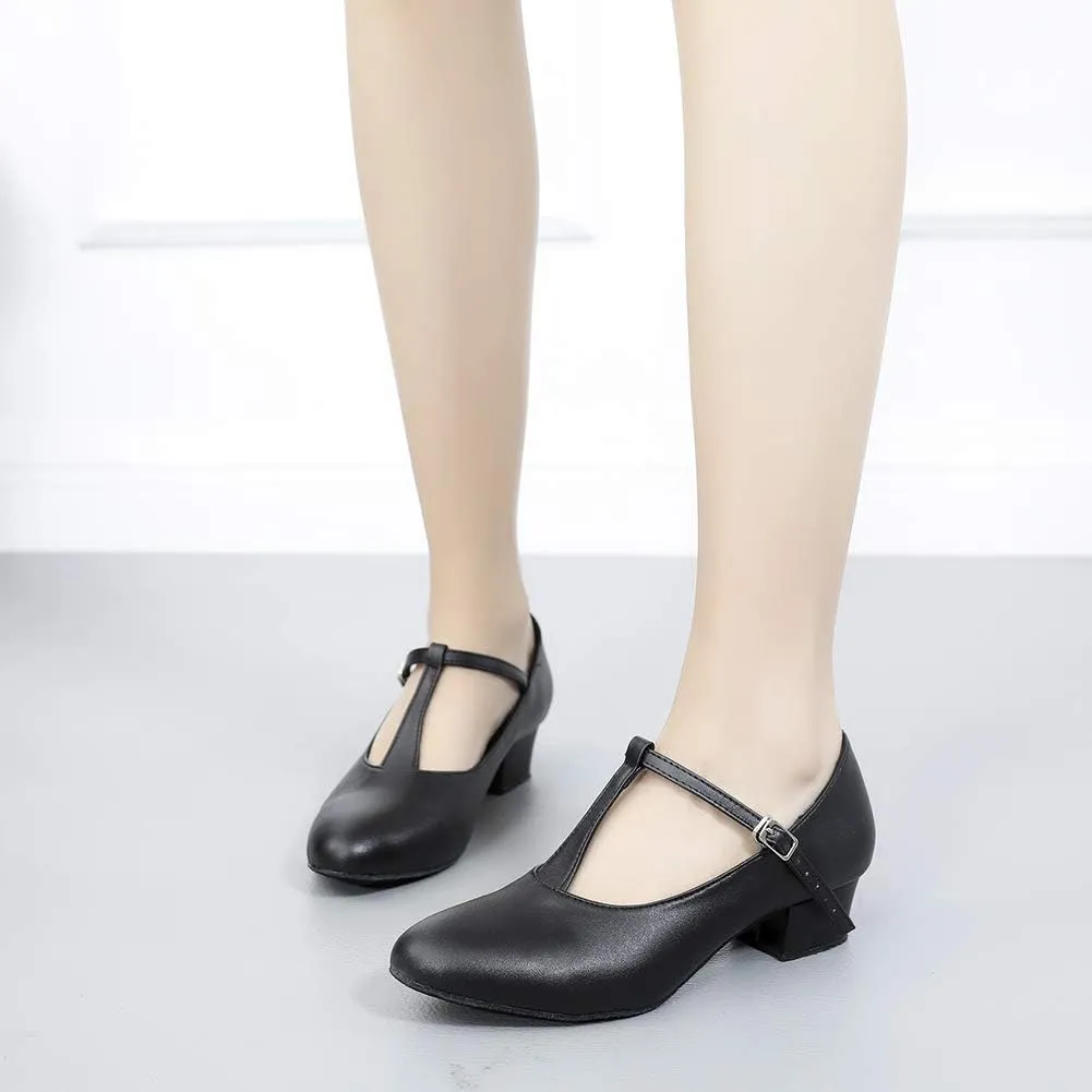 HROYL Women Ballroom Dance Shoes Closed Toe Latin Salsa T-Strap Modern Tango Walts Character Shoes Model-L041