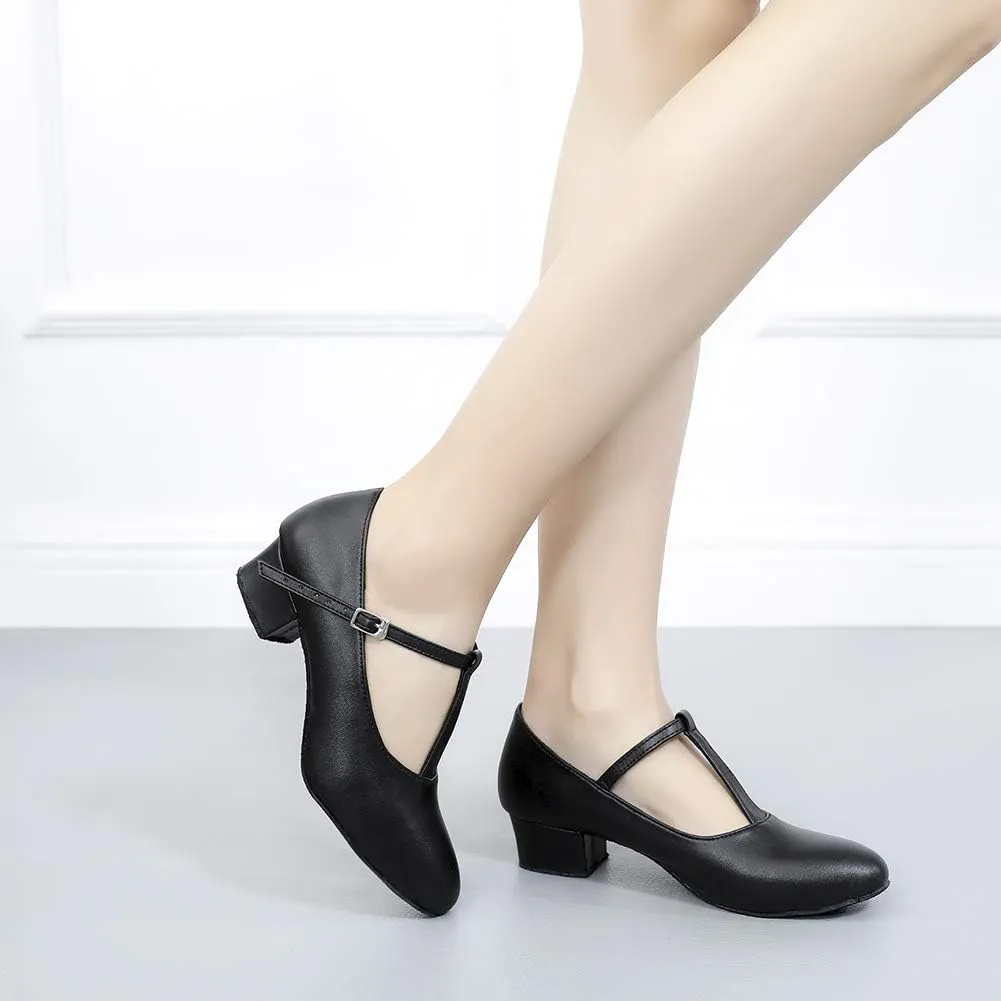 HROYL Women Ballroom Dance Shoes Closed Toe Latin Salsa T-Strap Modern Tango Walts Character Shoes Model-L041