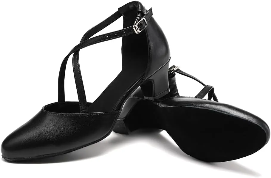 HROYL Women Ballroom Dance Shoes Closed Toe Latin Salsa T-Strap Modern Tango Walts Character Shoes Model-L041