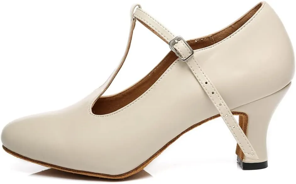 HROYL Women Ballroom Dance Shoes Closed Toe Latin Salsa T-Strap Modern Tango Walts Character Shoes Model-L041