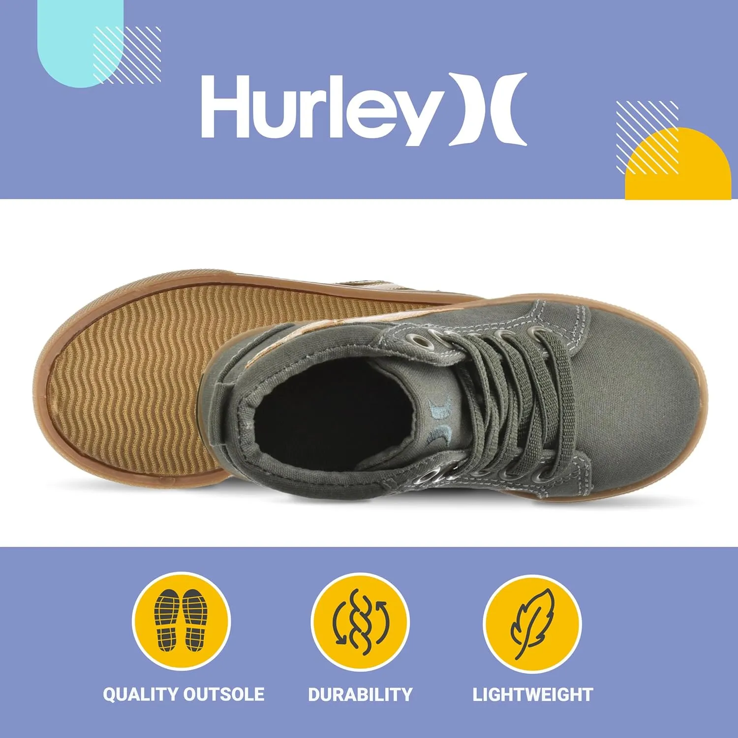 Hurley Kids Toddlers Elastic Laces Canvas Sneakers ?C High Cut Skateboarding Shoes for Toddlers and Little Kids, Sports Shoes for Boys and Girls, Sports Shoes for School Tate