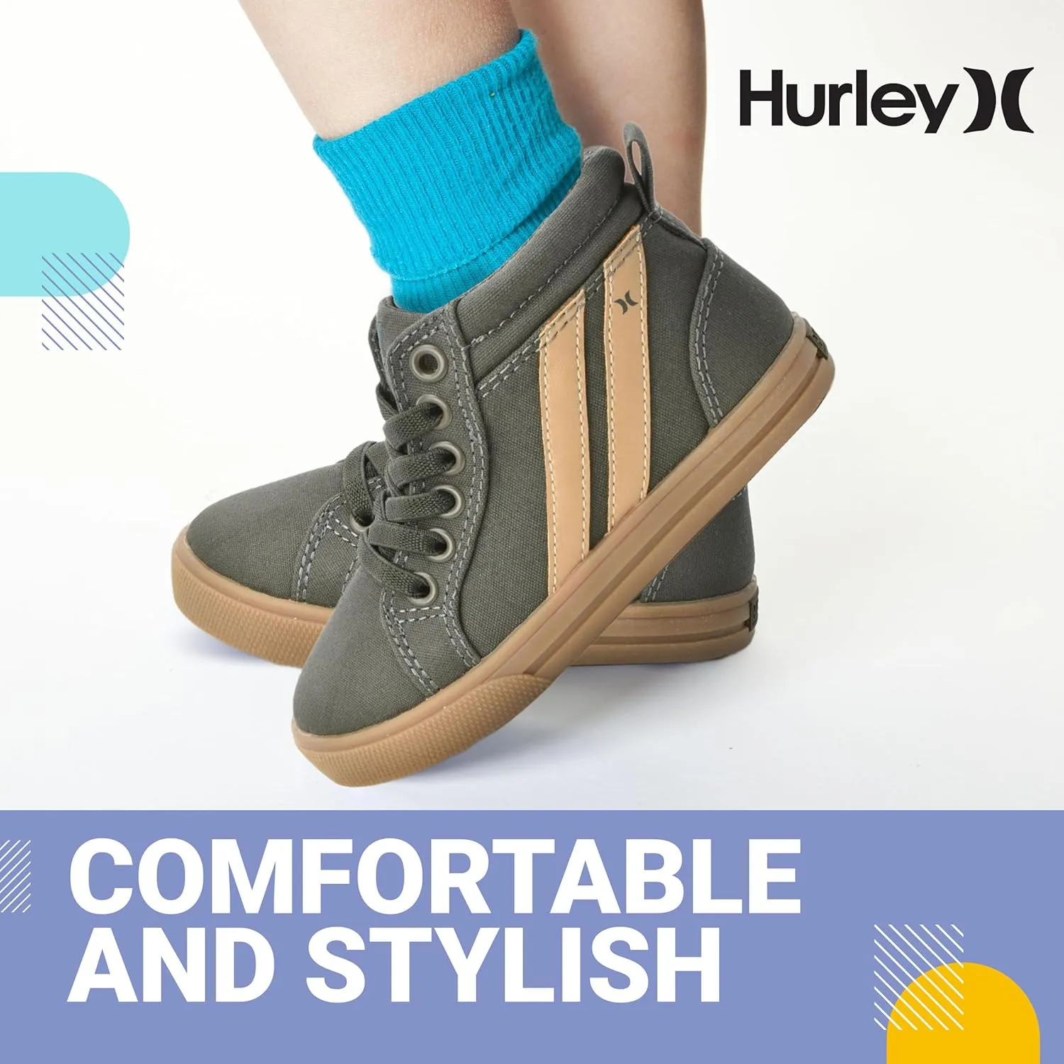 Hurley Kids Toddlers Elastic Laces Canvas Sneakers ?C High Cut Skateboarding Shoes for Toddlers and Little Kids, Sports Shoes for Boys and Girls, Sports Shoes for School Tate