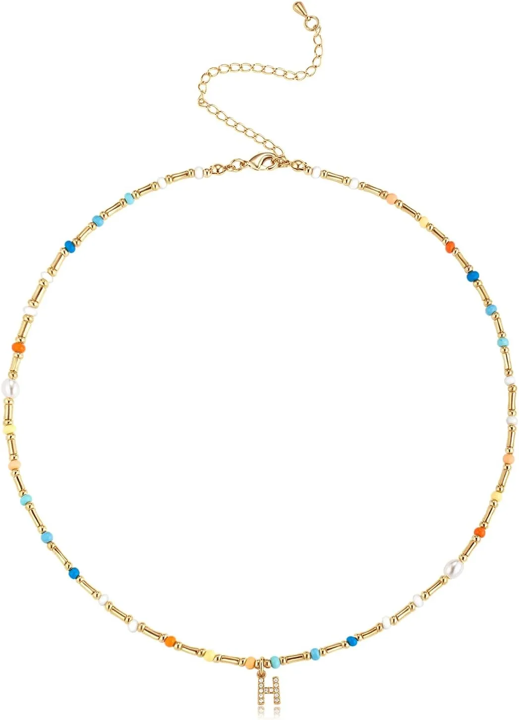 Initial Necklace for Women Trendy Colorful Beaded Choker Necklace 14k Gold Plated Letter Pendant Gold Jewelry