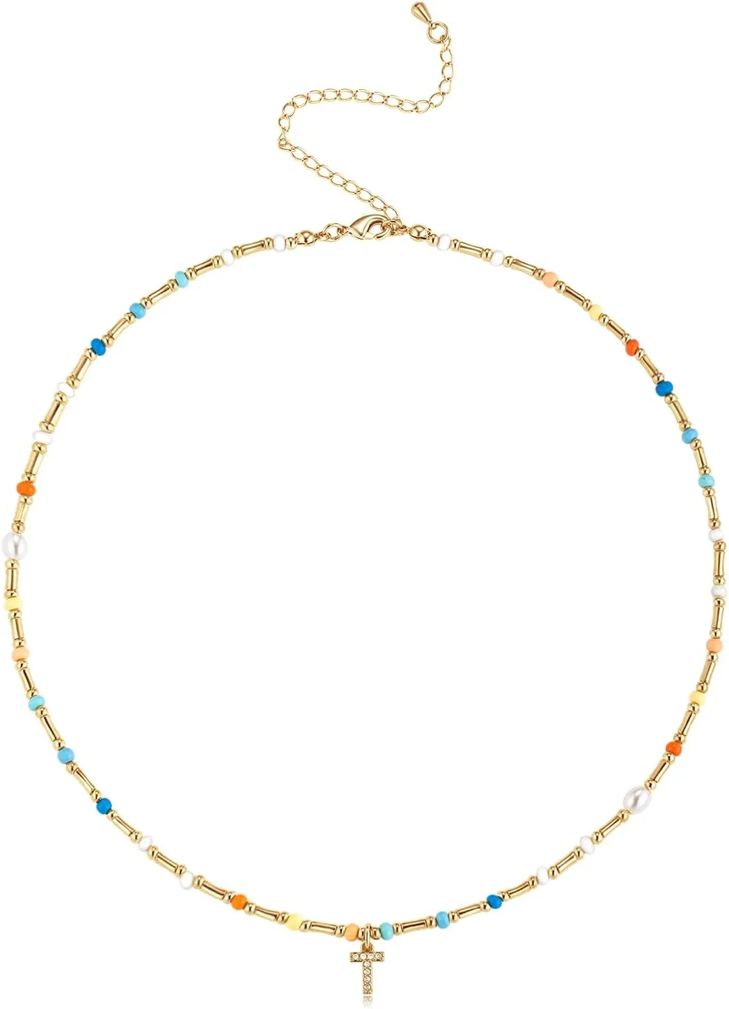 Initial Necklace for Women Trendy Colorful Beaded Choker Necklace 14k Gold Plated Letter Pendant Gold Jewelry