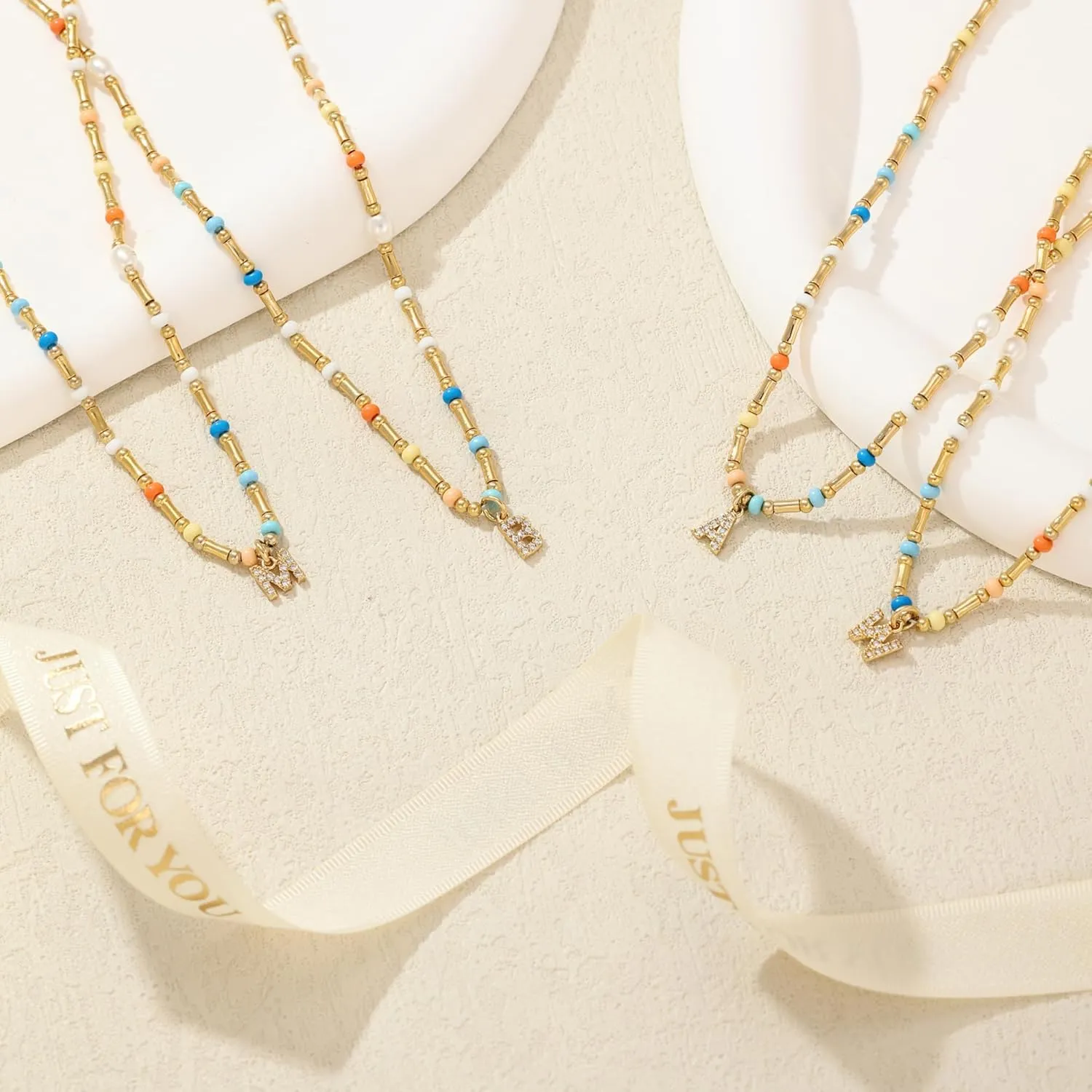 Initial Necklace for Women Trendy Colorful Beaded Choker Necklace 14k Gold Plated Letter Pendant Gold Jewelry