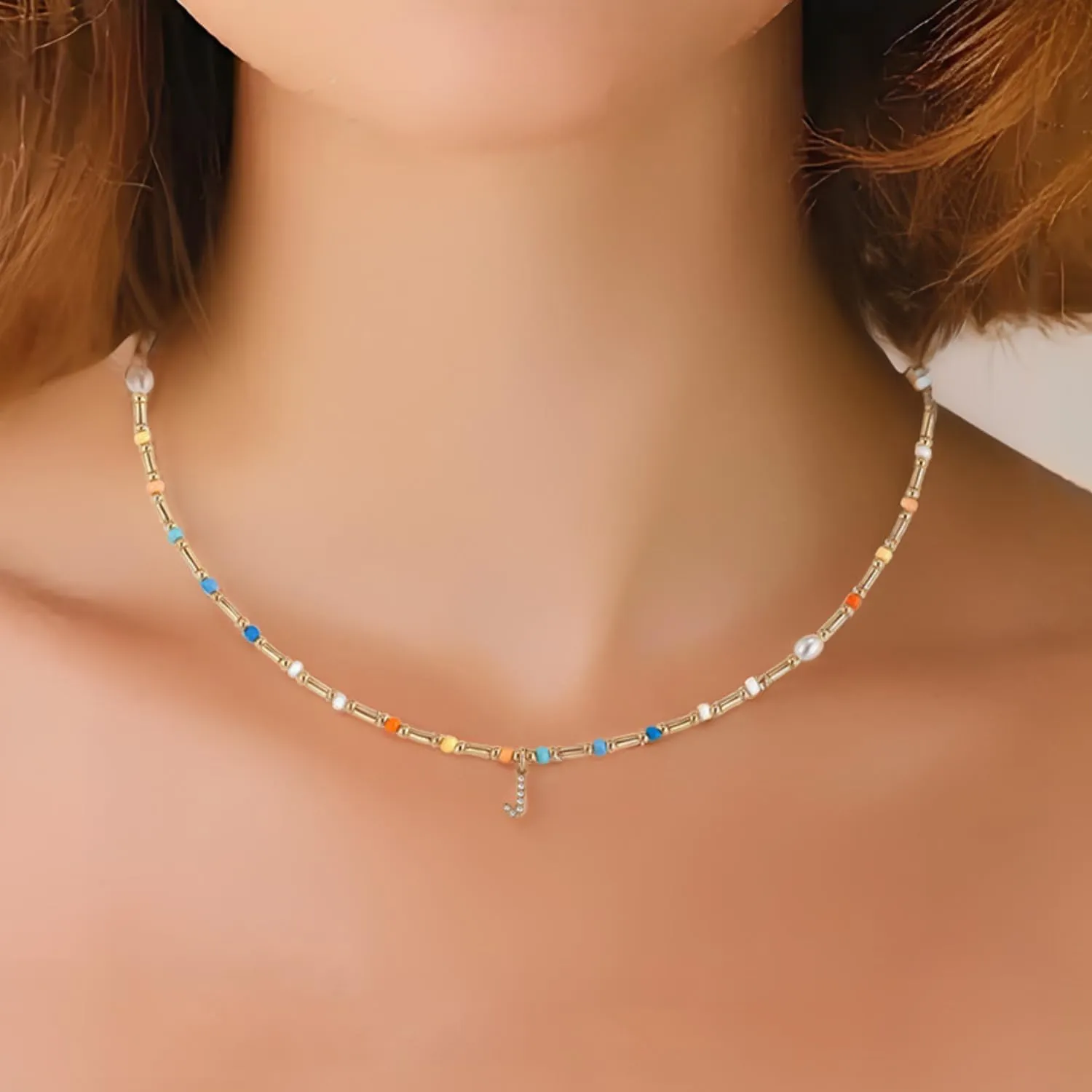 Initial Necklace for Women Trendy Colorful Beaded Choker Necklace 14k Gold Plated Letter Pendant Gold Jewelry