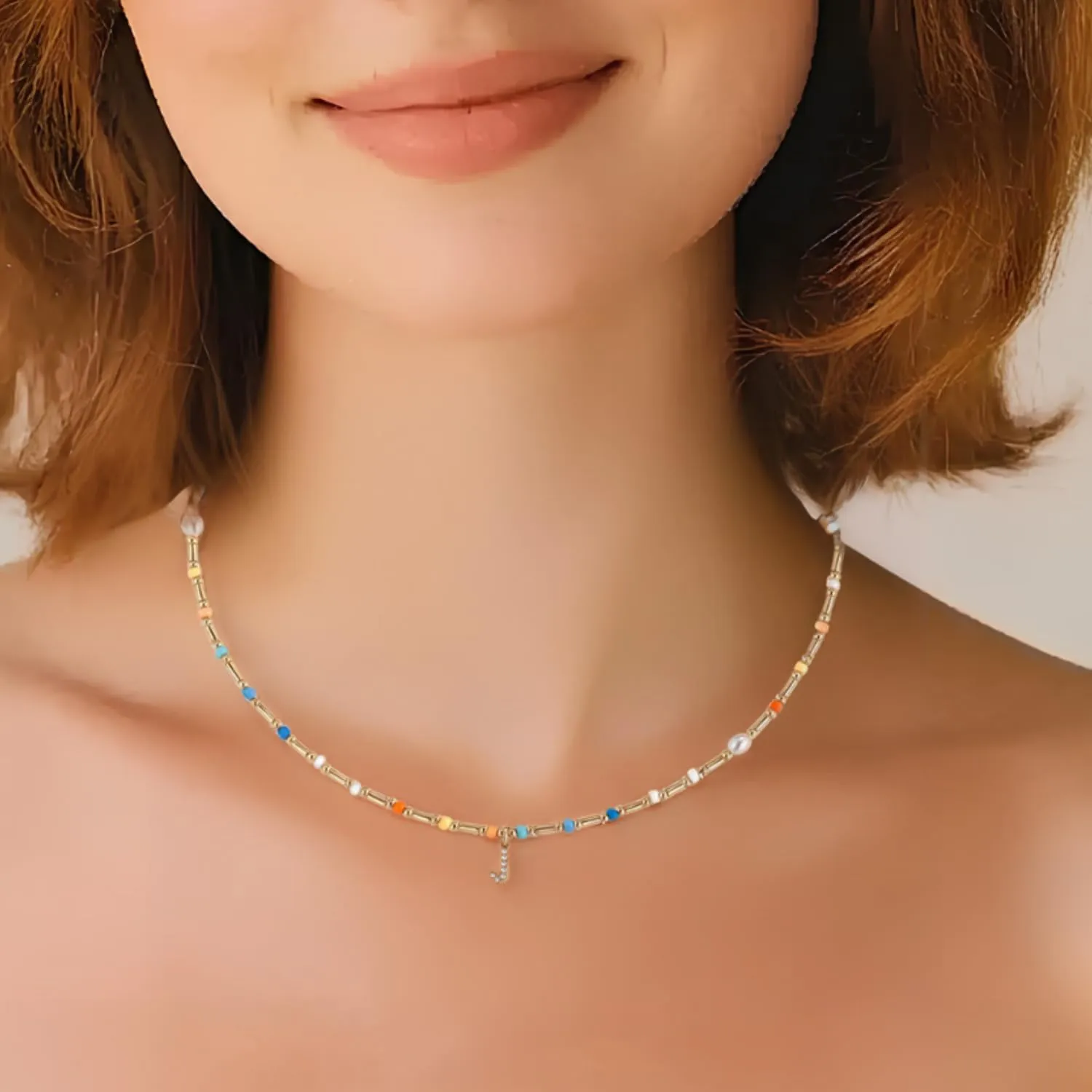 Initial Necklace for Women Trendy Colorful Beaded Choker Necklace 14k Gold Plated Letter Pendant Gold Jewelry