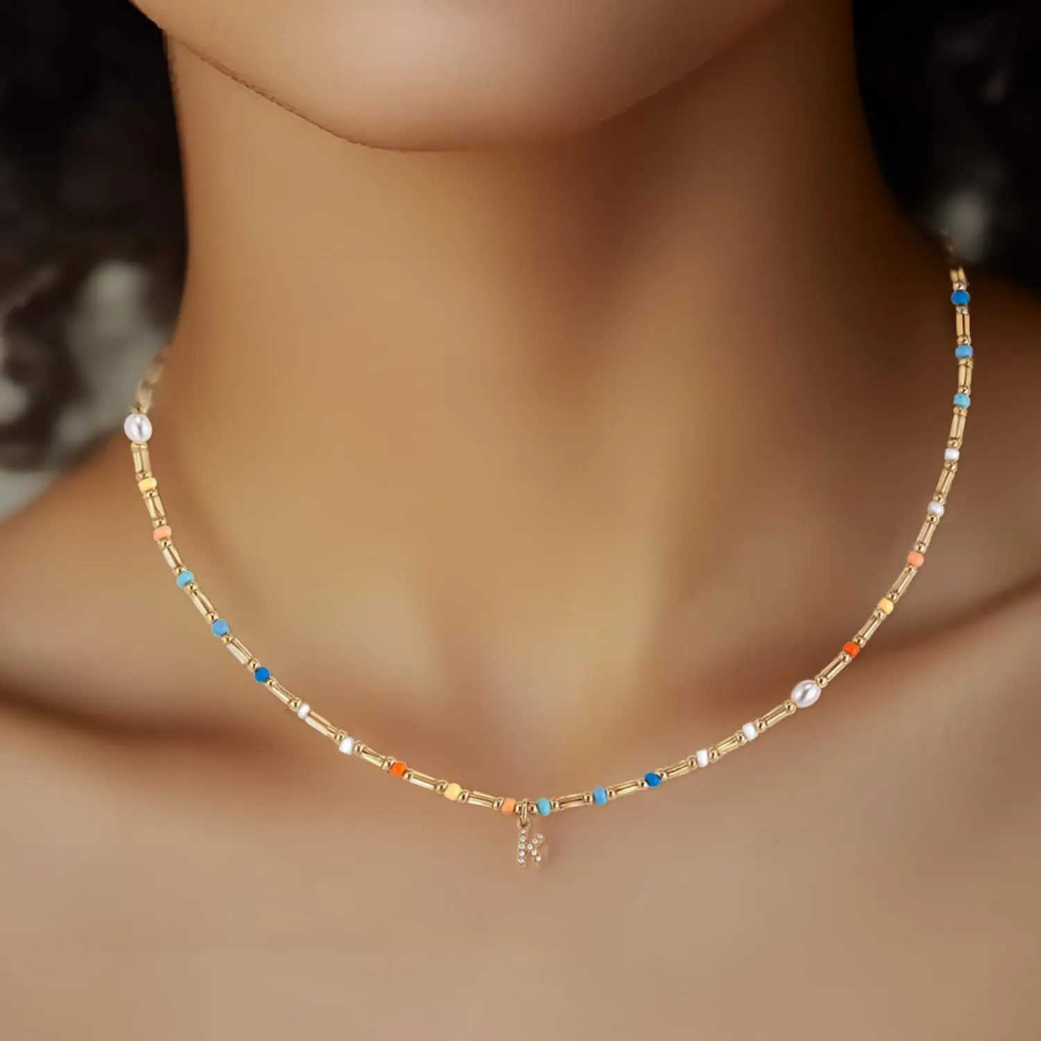 Initial Necklace for Women Trendy Colorful Beaded Choker Necklace 14k Gold Plated Letter Pendant Gold Jewelry