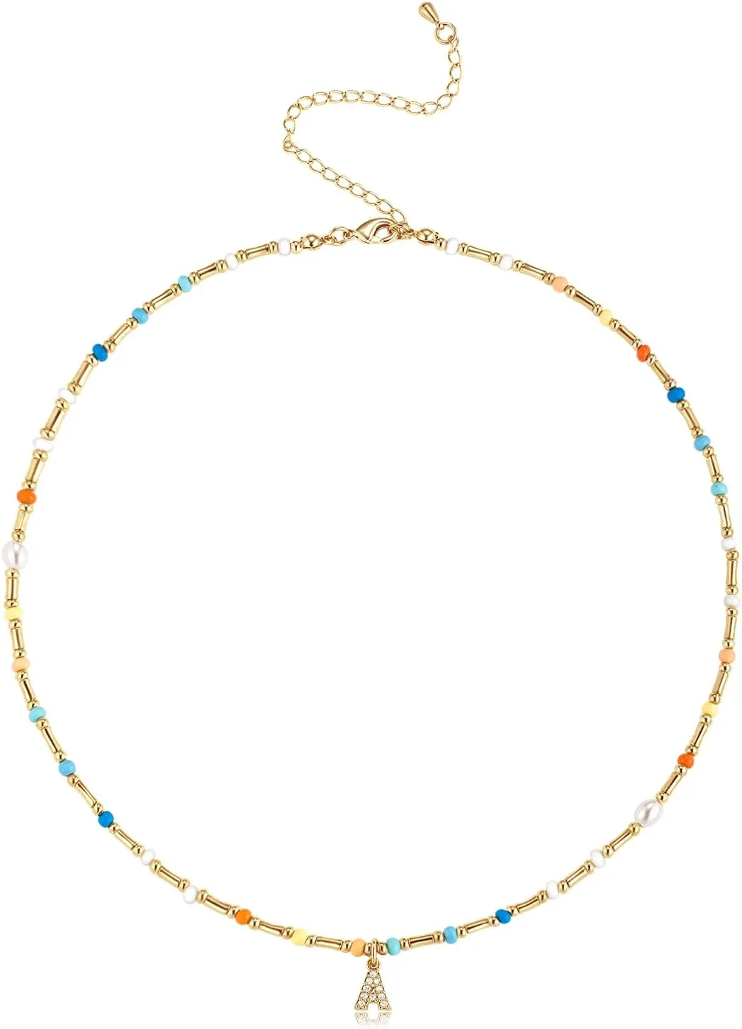 Initial Necklace for Women Trendy Colorful Beaded Choker Necklace 14k Gold Plated Letter Pendant Gold Jewelry