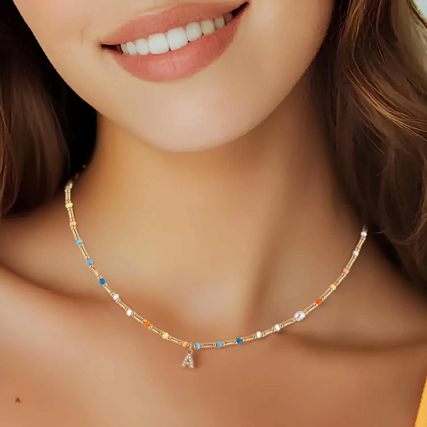 Initial Necklace for Women Trendy Colorful Beaded Choker Necklace 14k Gold Plated Letter Pendant Gold Jewelry