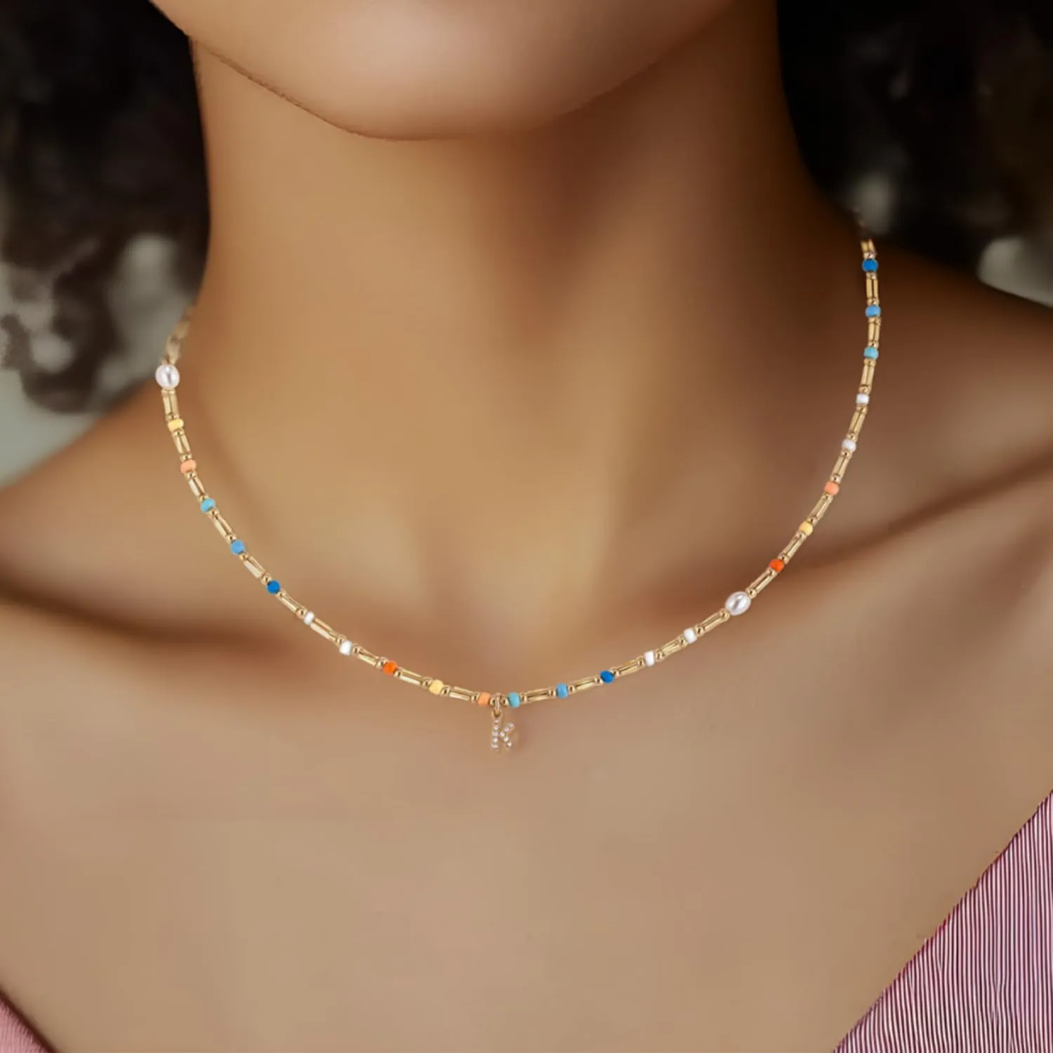 Initial Necklace for Women Trendy Colorful Beaded Choker Necklace 14k Gold Plated Letter Pendant Gold Jewelry