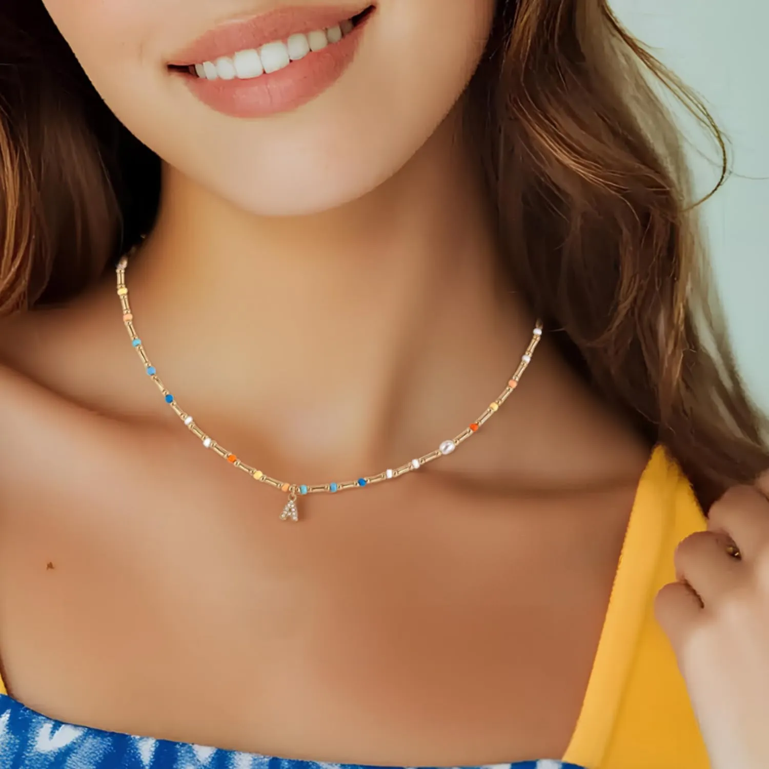 Initial Necklace for Women Trendy Colorful Beaded Choker Necklace 14k Gold Plated Letter Pendant Gold Jewelry