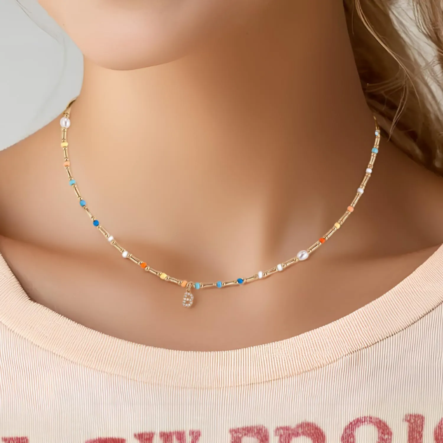 Initial Necklace for Women Trendy Colorful Beaded Choker Necklace 14k Gold Plated Letter Pendant Gold Jewelry