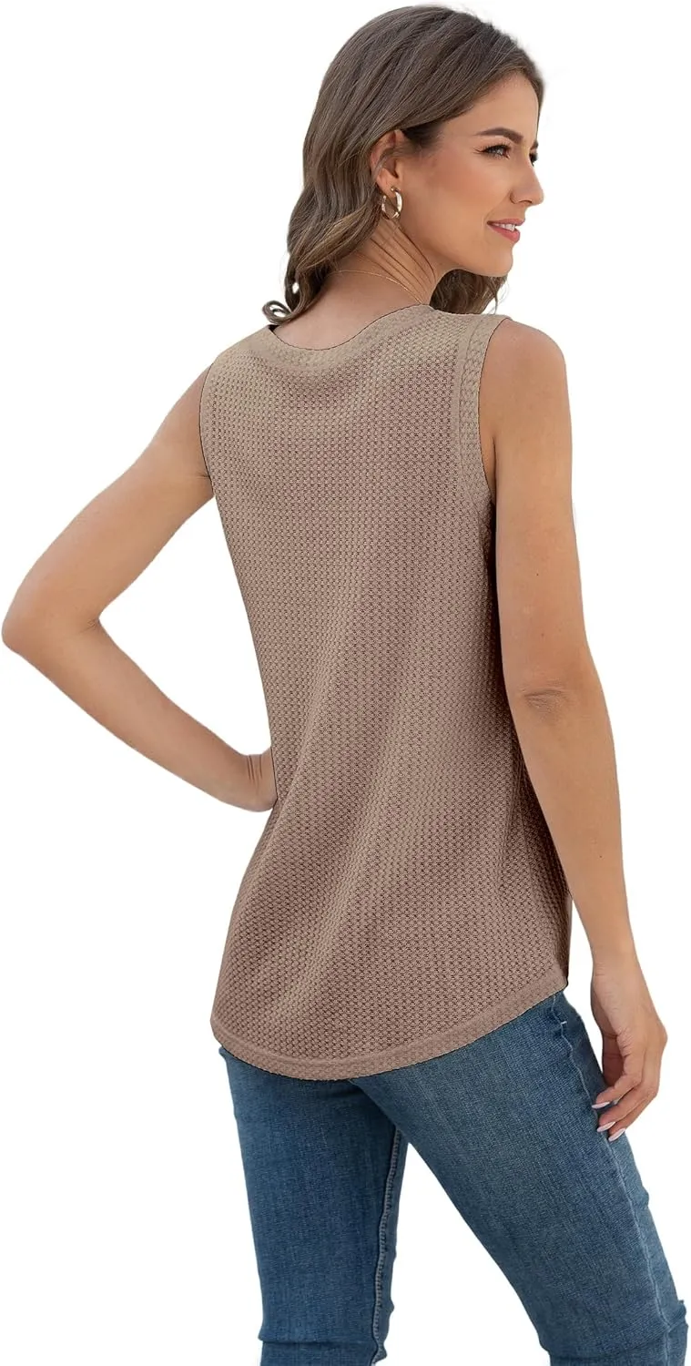 IWOLLENCE Womens Waffle Knit Tank Tops Casual Blouse Sleeveless Cute Twist Knot Tunic