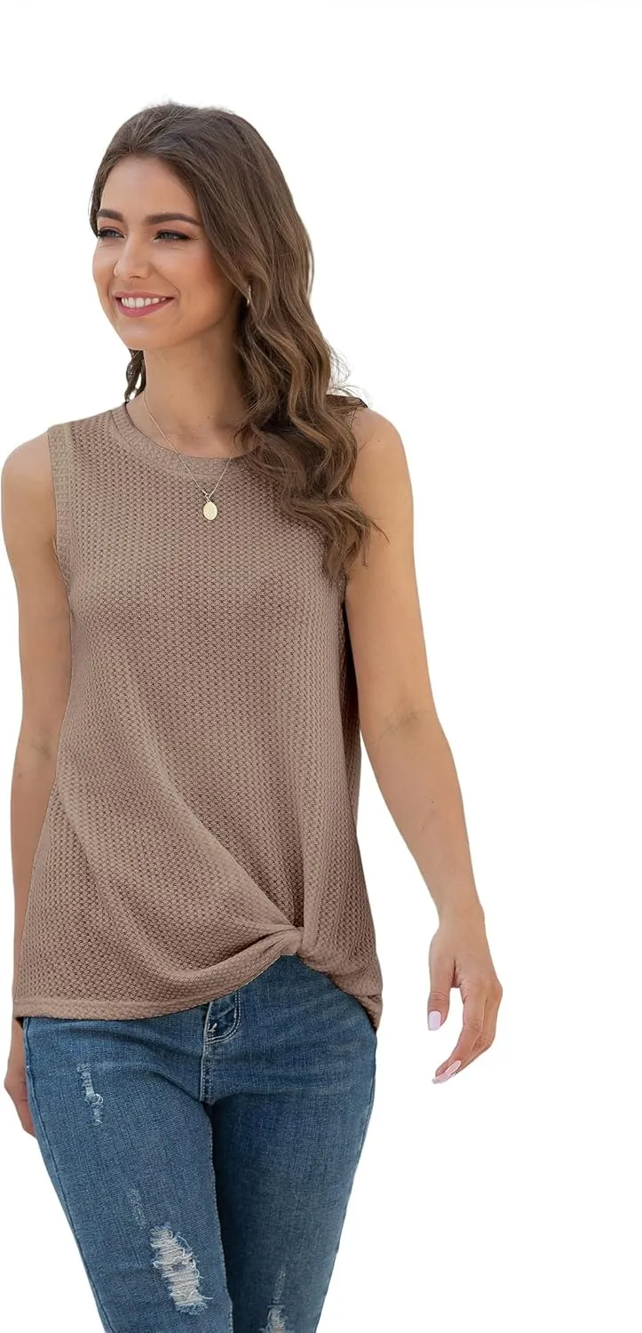 IWOLLENCE Womens Waffle Knit Tank Tops Casual Blouse Sleeveless Cute Twist Knot Tunic
