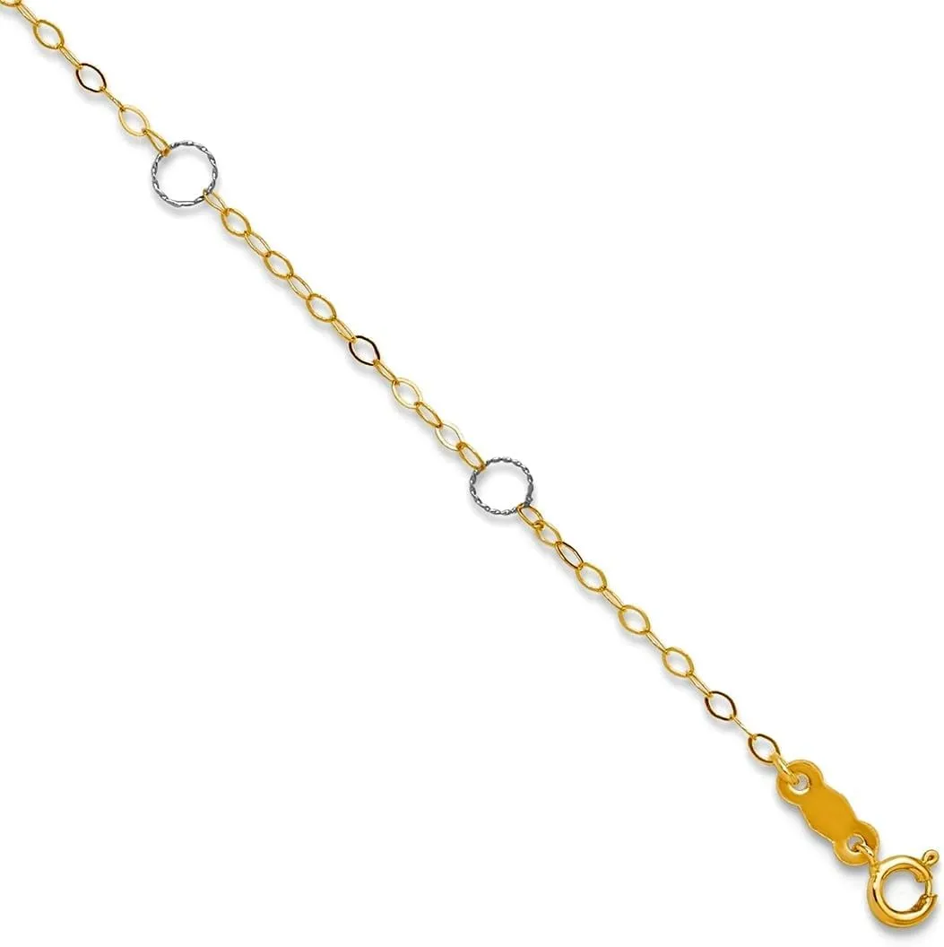 JewelryWeb 14k Solid Gold Two tone Circle Plus 1in Extension Anklet 4mm Wide-Anklet for Women