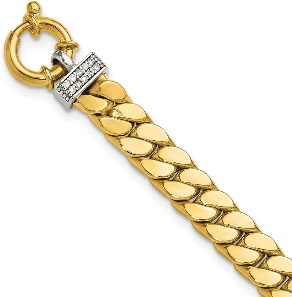 JewelryWeb 14k Solid Gold Two tone CZ Simulated Diamond Polished Fancy Curb Bracelet 7.5 Inch Link-Bracelet for Women