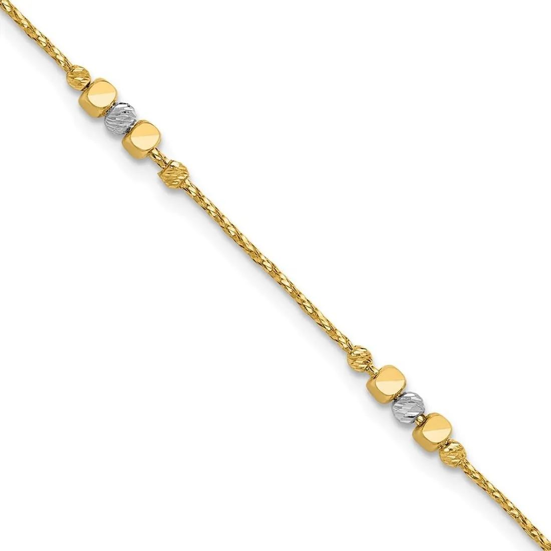 JewelryWeb 14k Solid Gold Two tone Pol Texture Sparkle Cut Beads With 1 Inch Extension Bracelet 7 Inch Link-Bracelet for Women