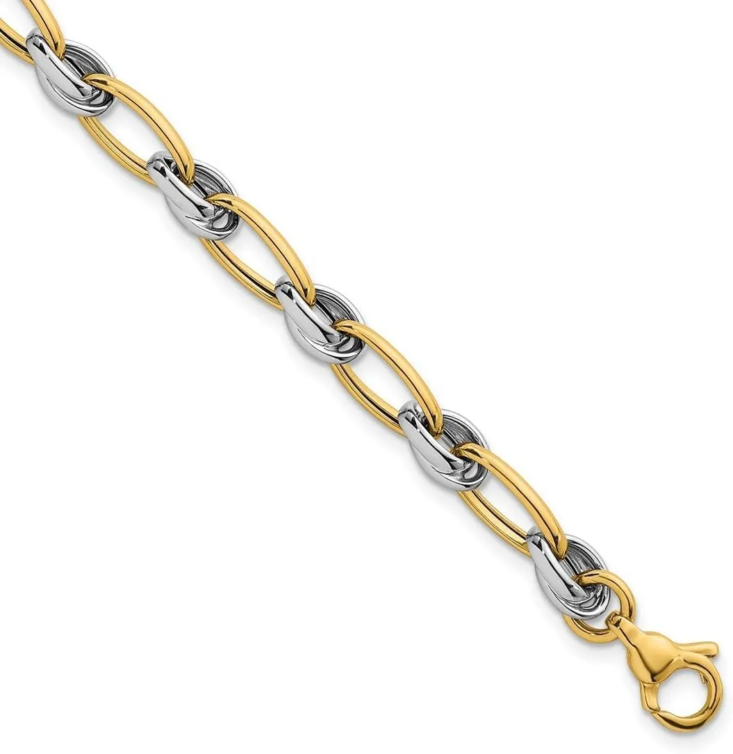 JewelryWeb 14k Solid Gold Two tone Polished Fancy Oval Chain 7mm Bracelet 7.5 Inch Link-Bracelet for Women and Men