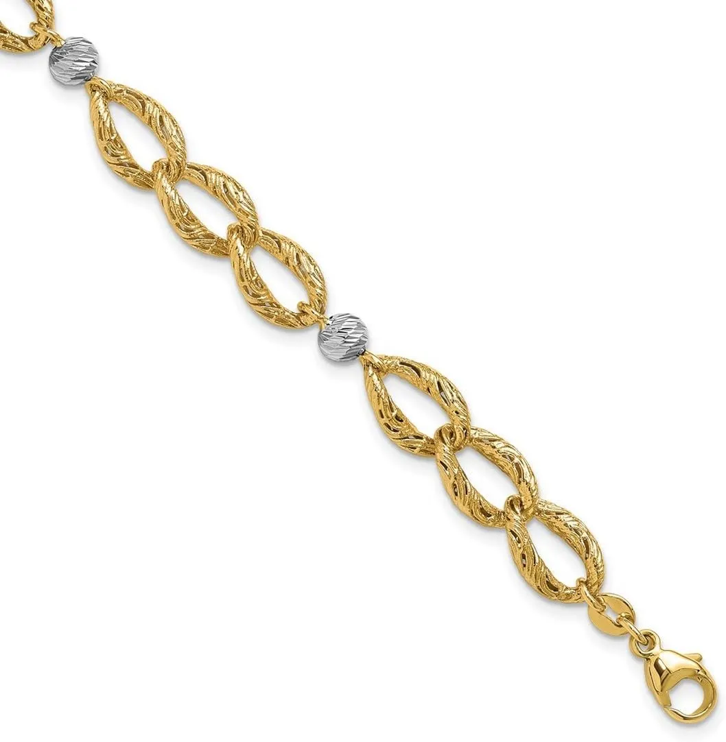 JewelryWeb 14k Solid Gold Two tone Polished Textured Sparkle Cut With 2 Inch Extension Bracelet 7 Inch Link-Bracelet for Women