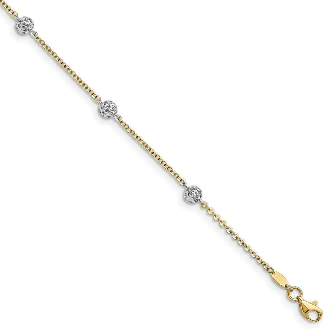 JewelryWeb 14k Two Tone Fancy Lobster Closure Gold Anklet 10 Inch 1.5mm Wide-Anklet for Women