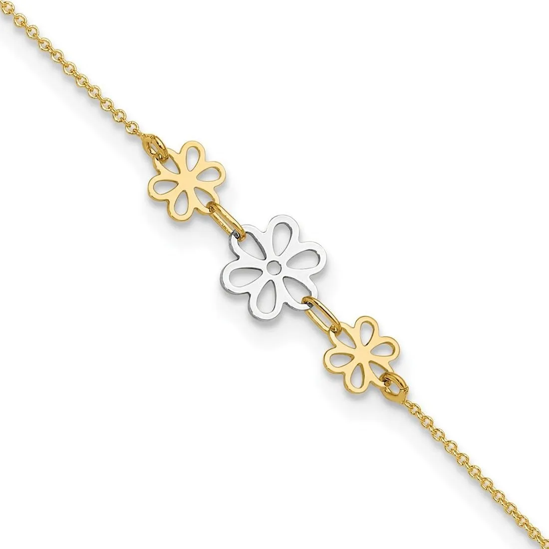 JewelryWeb 14k Two tone Gold Polished Three Flower Plus 1in Ext Anklet 9 Inch 0.75mm Wide-Anklet for Women