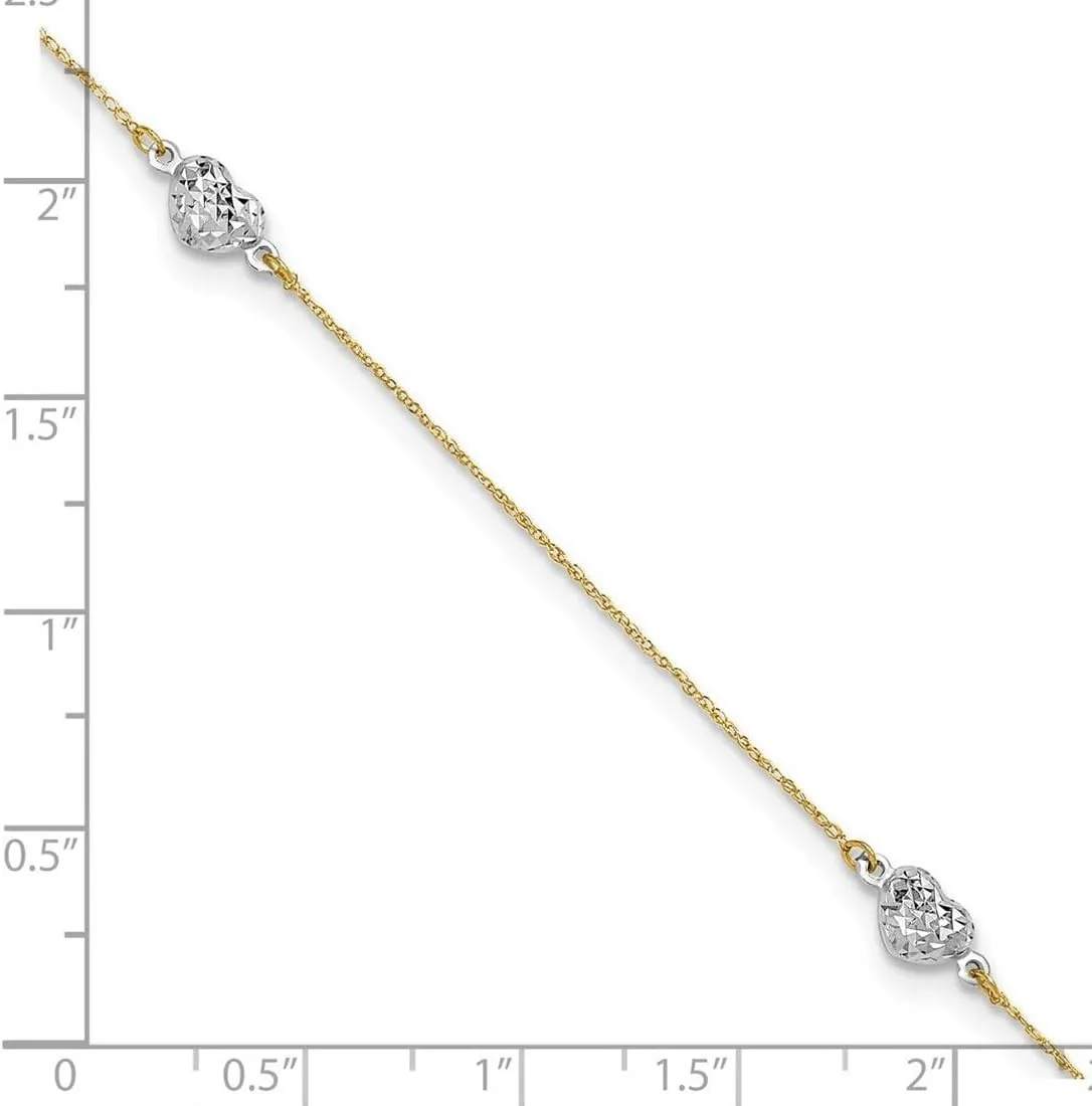 JewelryWeb 14k Two tone Gold Puff Love Heart 10inch Plus 1in Ext Anklet 0.75mm Wide-Anklet for Women
