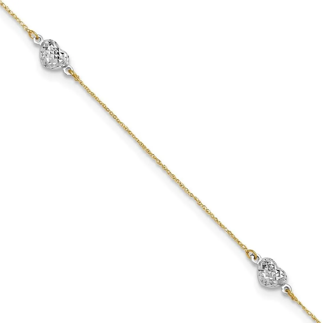 JewelryWeb 14k Two tone Gold Puff Love Heart 10inch Plus 1in Ext Anklet 0.75mm Wide-Anklet for Women