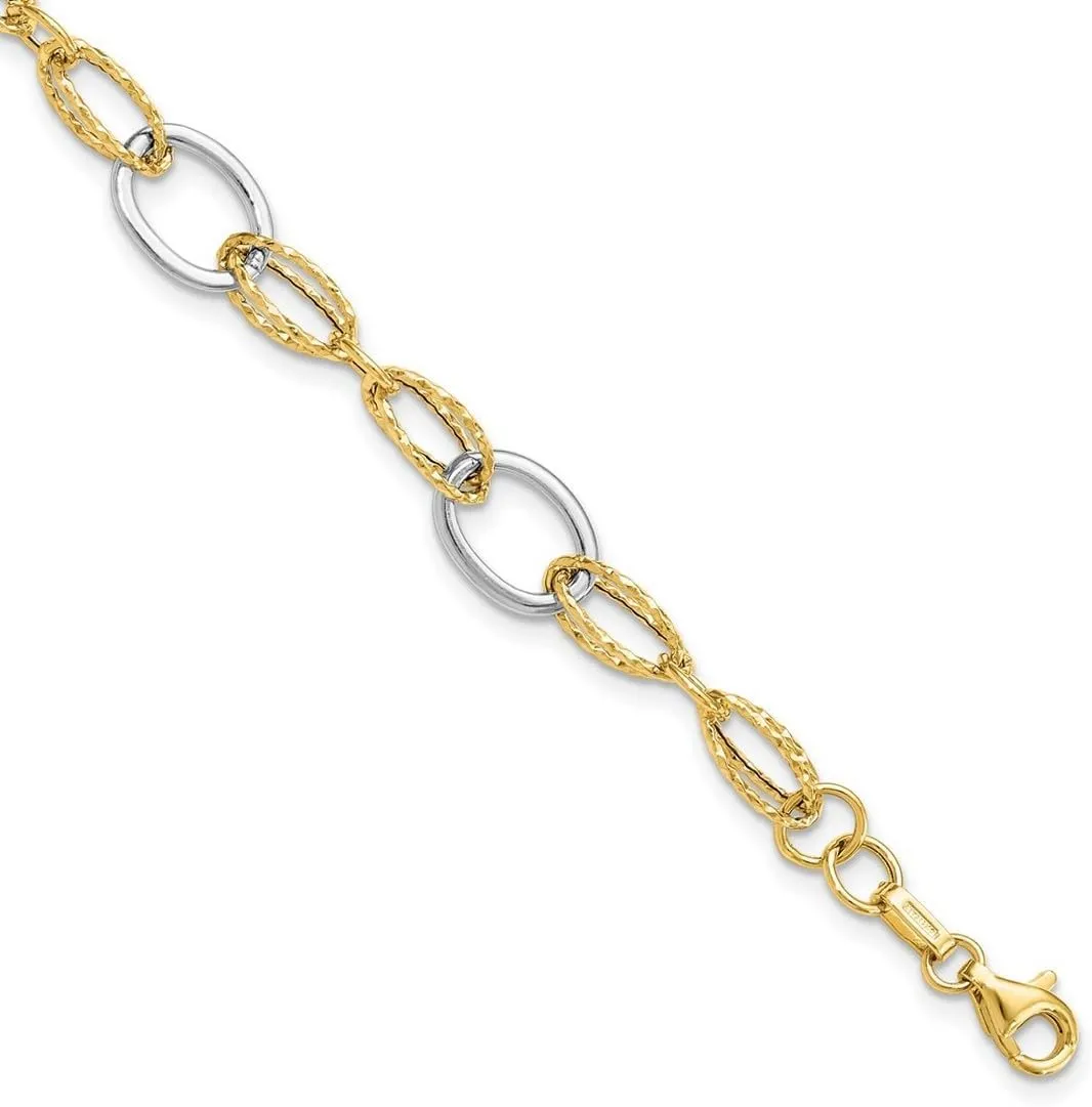 JewelryWeb 14k Two Tone Solid Fancy Lobster Closure Gold Polished and Textured-Fancy Link Bracelet 7.5 Inch 8mm Wide-Link-Bracelet for Women