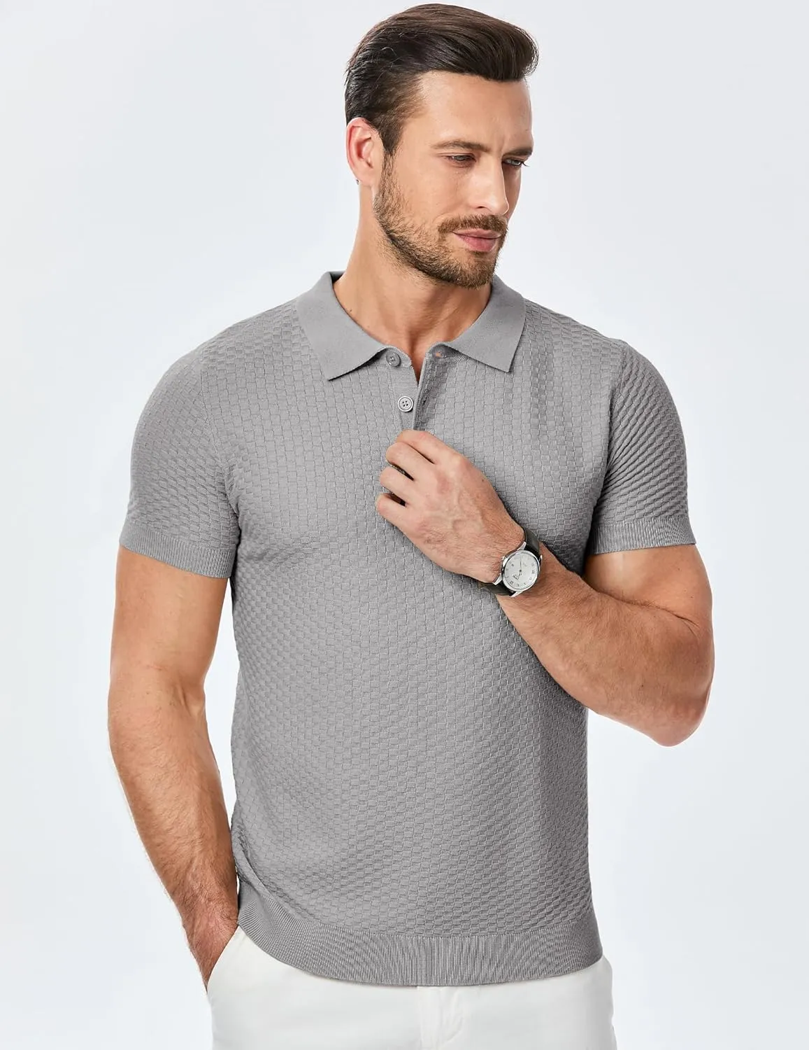 JMIERR Mens Knit Polo Shirts Classic Button Basic Textured T Shirts Casual Slim Fit Short Sleeve Summer Golf Tee Shirt