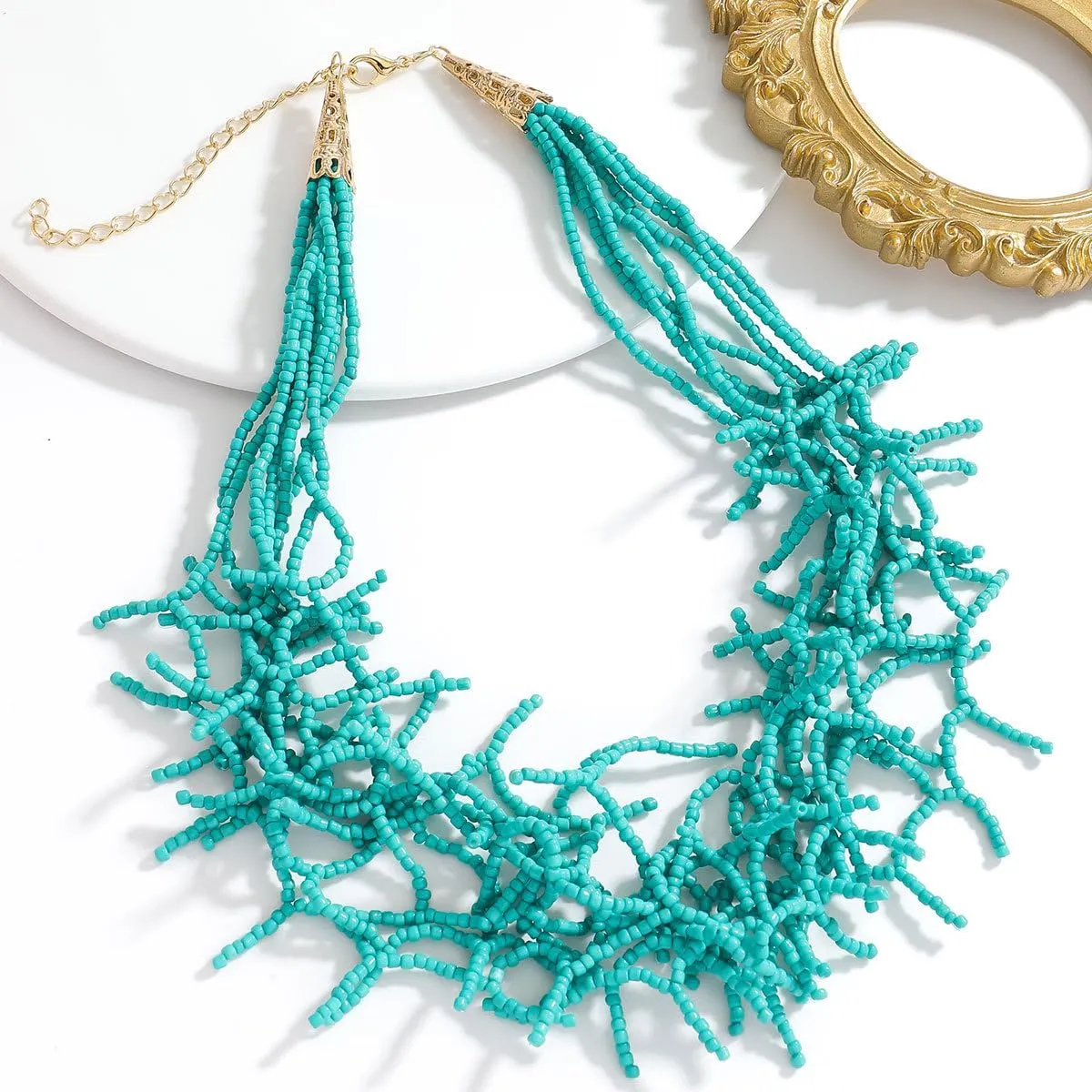 JNF Beach Shell Coral Beaded Necklace for Women Coastal Boho Statement Necklaces Beads Fringe Choker Collar Summer Jewelry