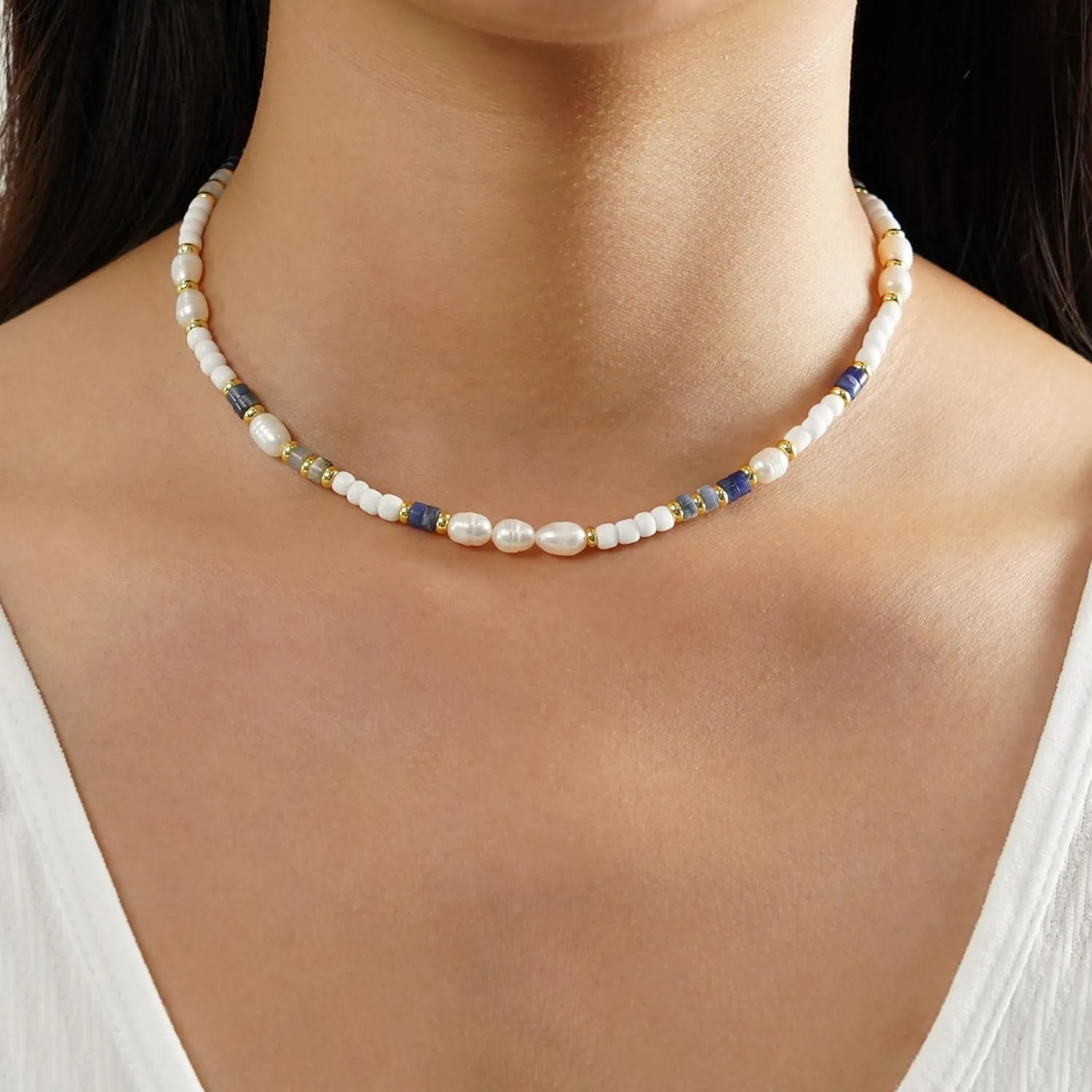 JSJOY Colorful Beaded Choker Necklaces for Women Girls Freshwater Pearl Beaded Necklace Handmade Pearl Strands Necklace Western Jewelry Christmas Gifts for Teen Girls