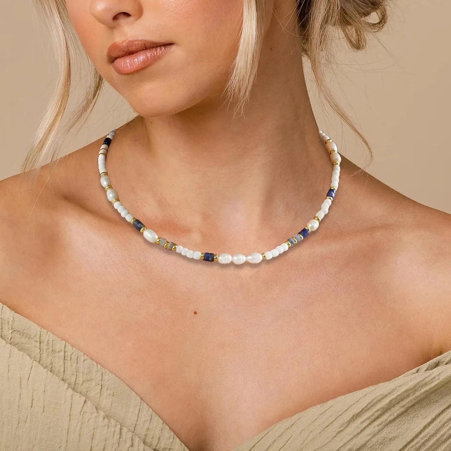 JSJOY Colorful Beaded Choker Necklaces for Women Girls Freshwater Pearl Beaded Necklace Handmade Pearl Strands Necklace Western Jewelry Christmas Gifts for Teen Girls