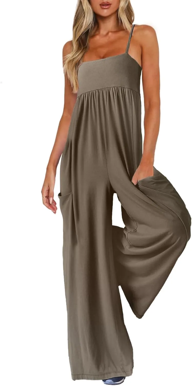 Jumpsuits for Women Spaghetti Strap Wide Leg One Piece Overalls Summer Rompers with Pockets Beach Vacation Casual