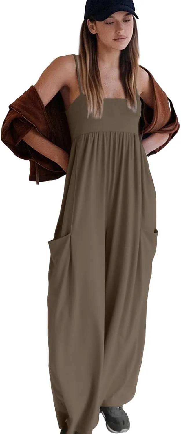 Jumpsuits for Women Spaghetti Strap Wide Leg One Piece Overalls Summer Rompers with Pockets Beach Vacation Casual