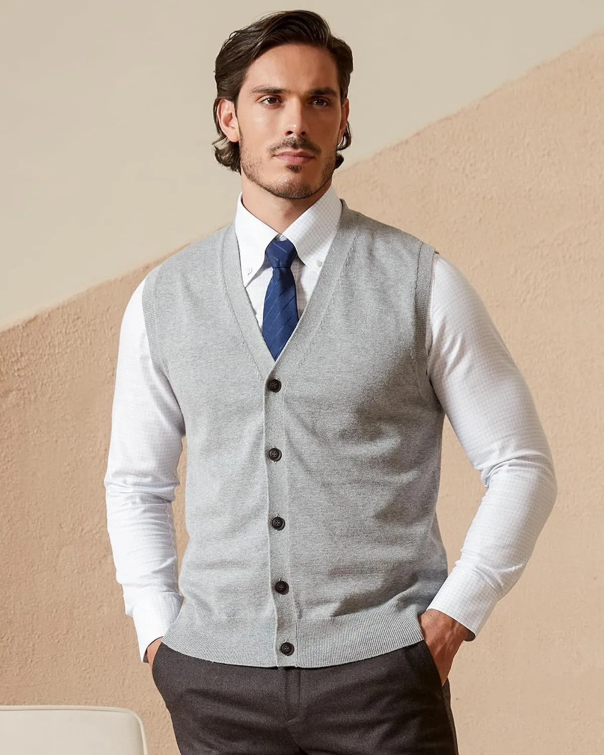 Kallspin Mens Button Down Sweater Vest Lightweight Knitted Pure Cotton V-Neck Sleeveless Cardigans