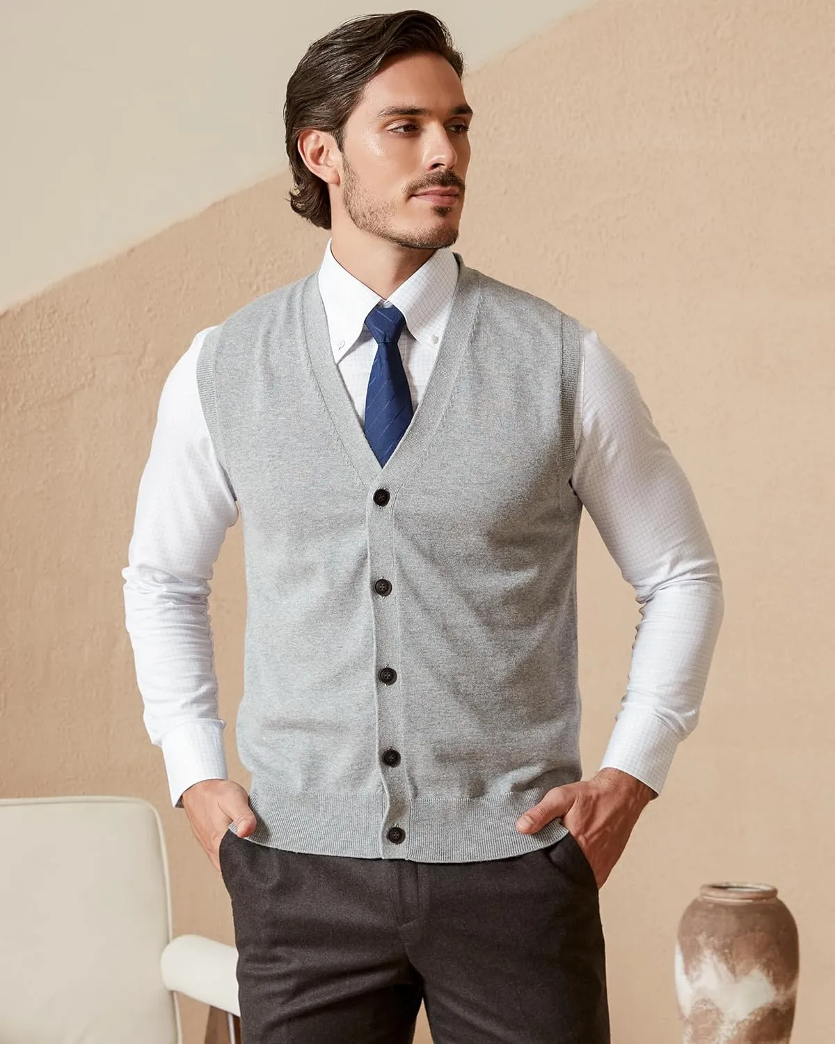Kallspin Mens Button Down Sweater Vest Lightweight Knitted Pure Cotton V-Neck Sleeveless Cardigans