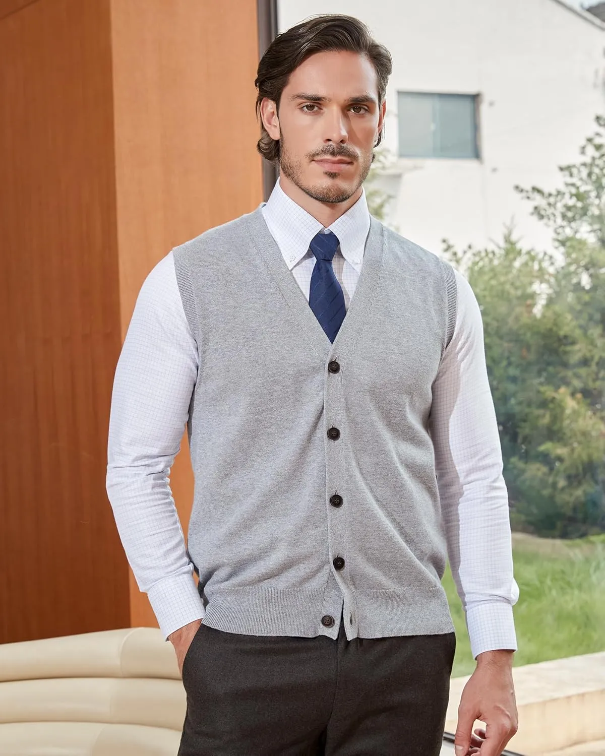Kallspin Mens Button Down Sweater Vest Lightweight Knitted Pure Cotton V-Neck Sleeveless Cardigans
