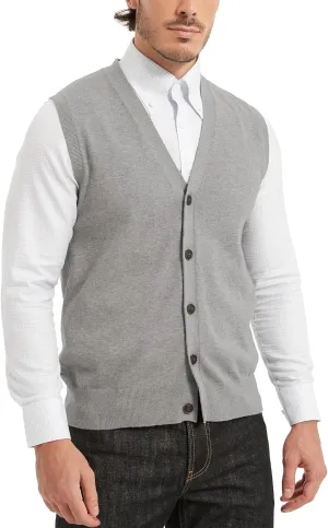Kallspin Mens Button Down Sweater Vest Lightweight Knitted Pure Cotton V-Neck Sleeveless Cardigans