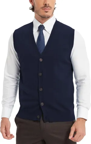 Kallspin Mens Button Down Sweater Vest Lightweight Knitted Pure Cotton V-Neck Sleeveless Cardigans