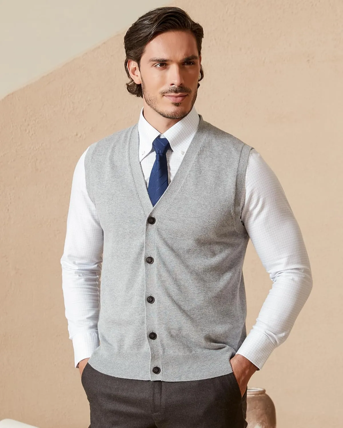 Kallspin Mens Button Down Sweater Vest Lightweight Knitted Pure Cotton V-Neck Sleeveless Cardigans